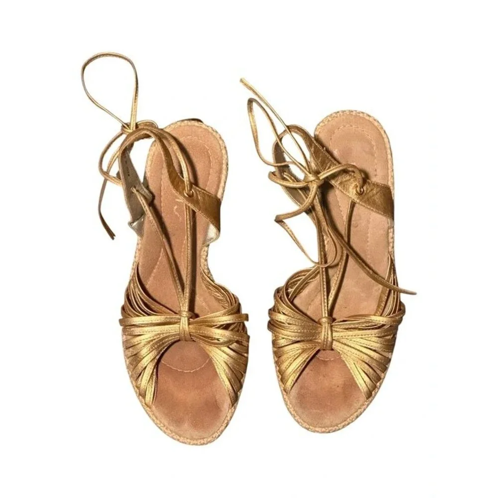 Gold Lace Up Espadrille Wedge Sandals